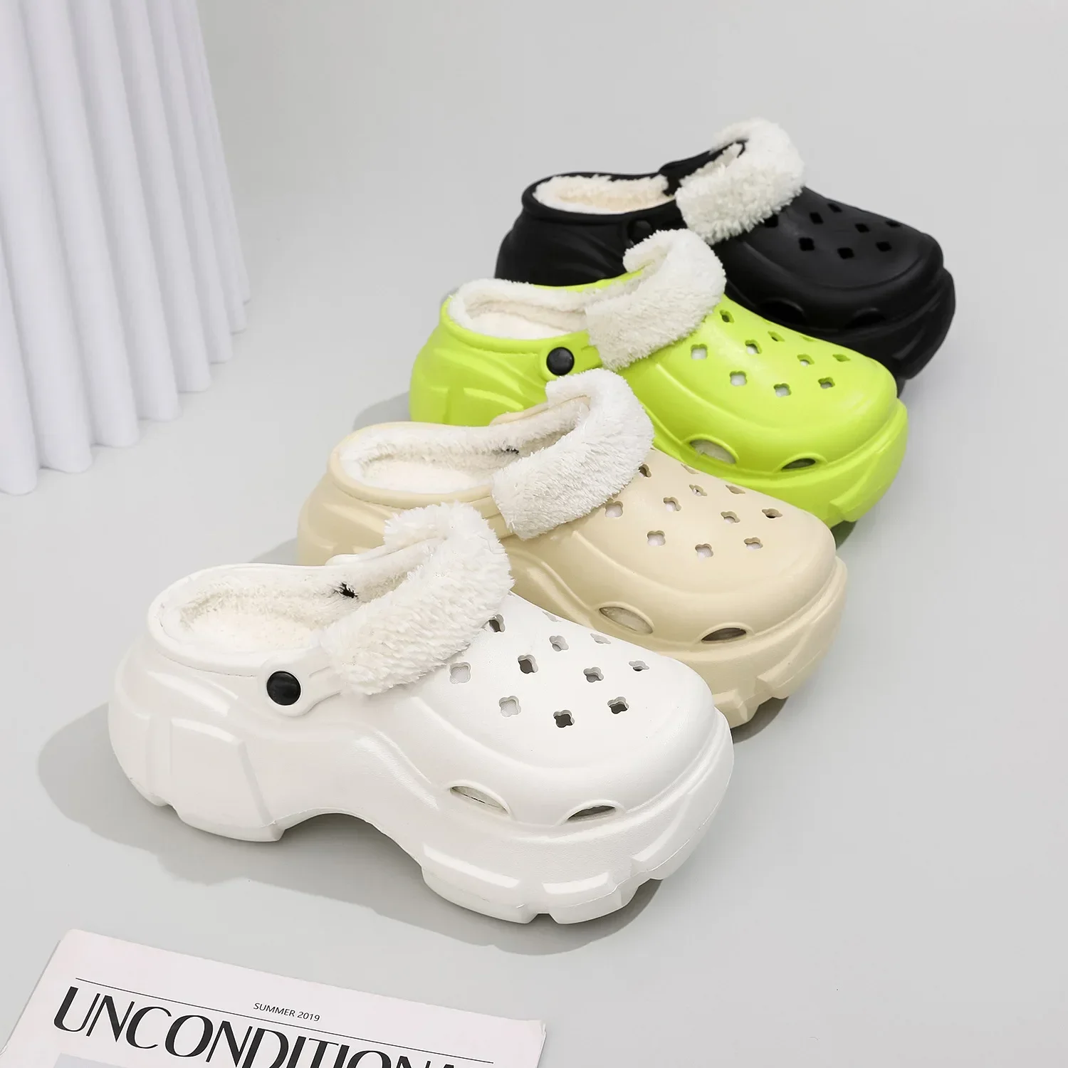 

High heels clogs plus velvet cave shoes trend thick soled wear dual purpose garden slippers winter warm home cotton shoes women