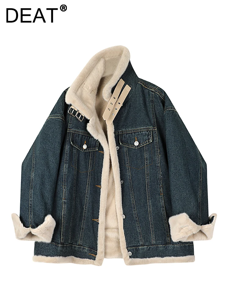 

Женская джинсовая куртка DEAT, мотоциклетная Свободная куртка из искусственной кожи в стиле пэчворк, с пряжкой и воротником-стойкой, 29L3169, осень 2023