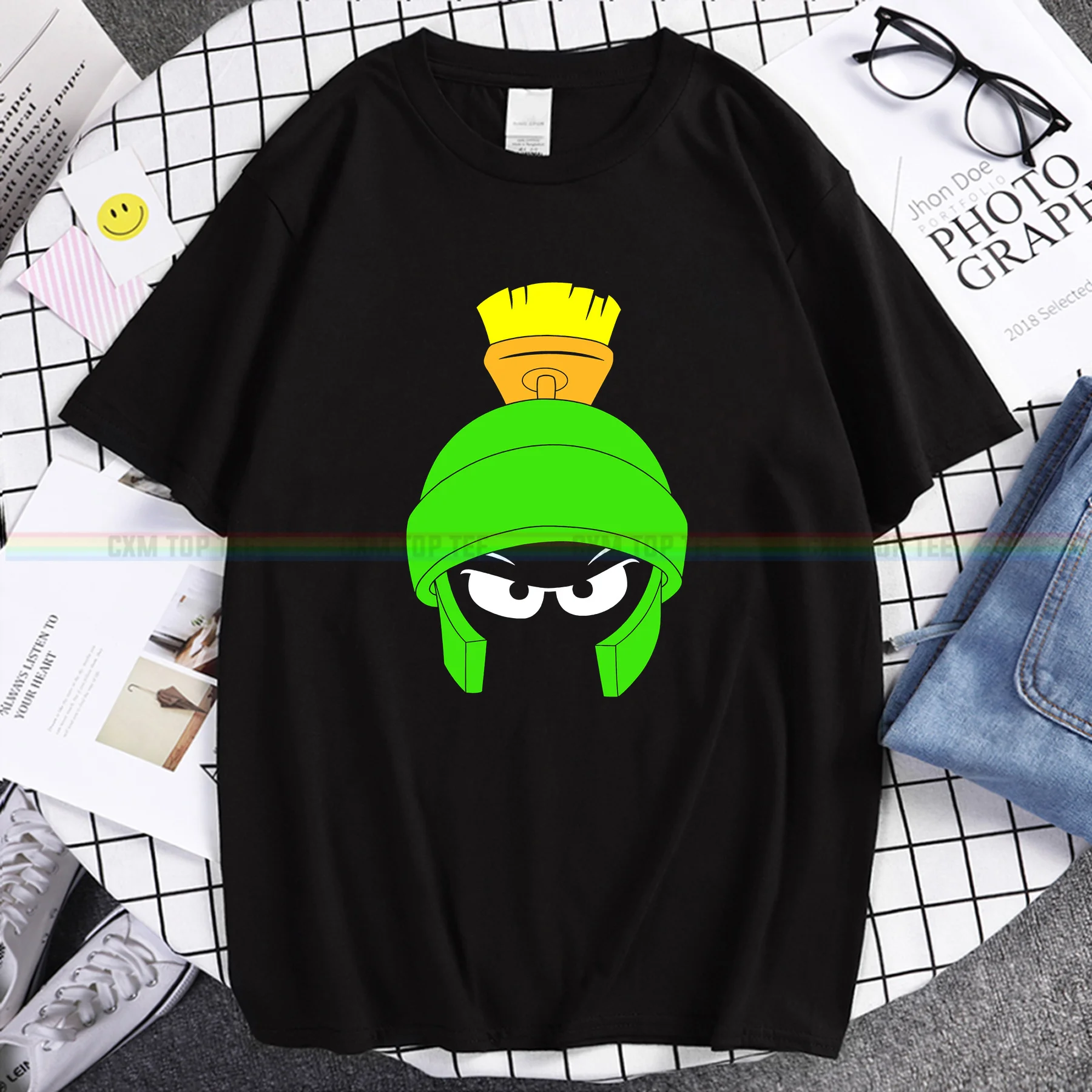 

Amazing male Tees Men t-shirt Casual Unique Oversized Looney Tunes Marvin The Martian Dark Big Face T-shirt women T-shirts