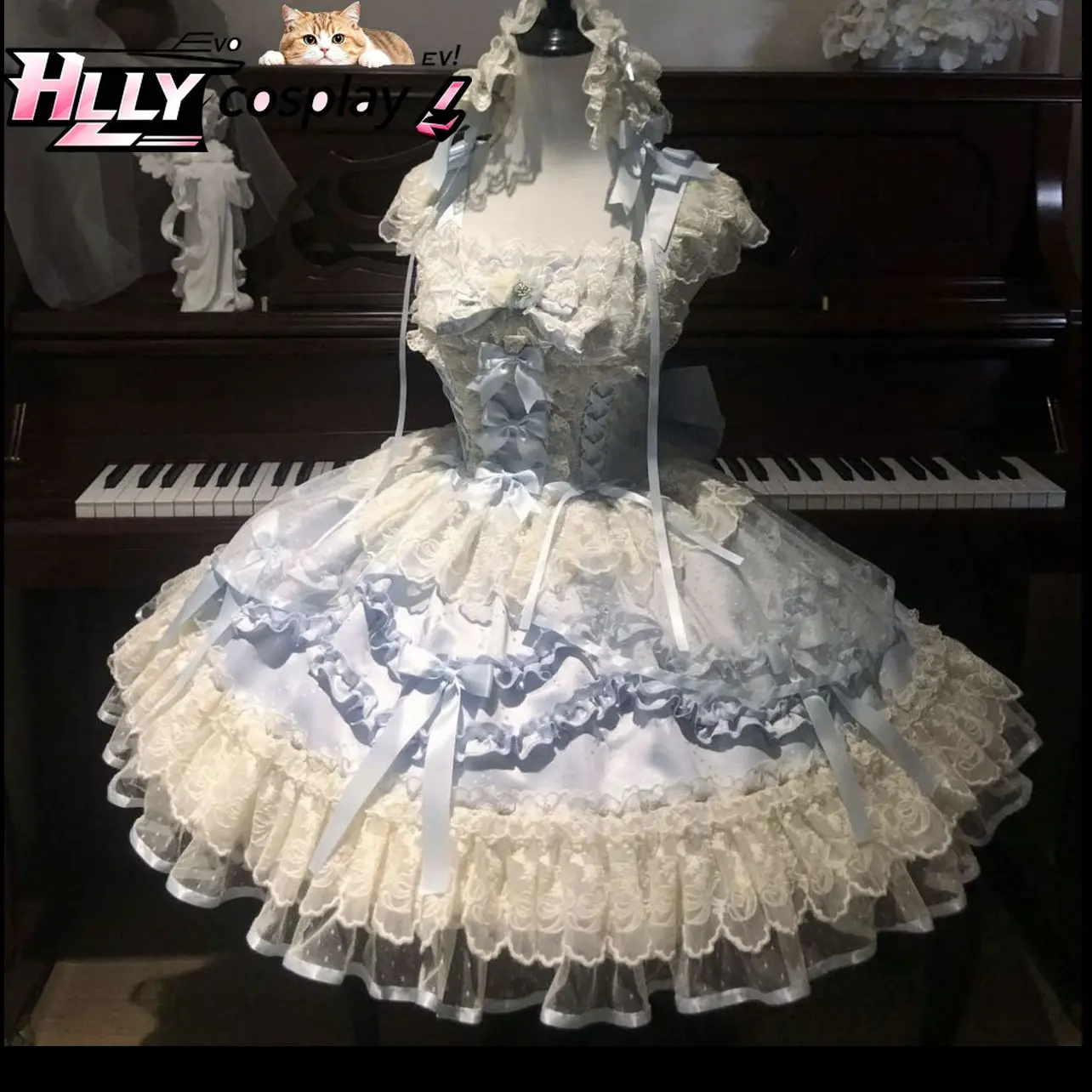 Фото Новое платье JSK в стиле Sweet Lolita Balletcore, светло-голубое с белыми оборками, кружевом, бантом, пышное, с завышенной талией, на бретельках, в стиле принцессы №1