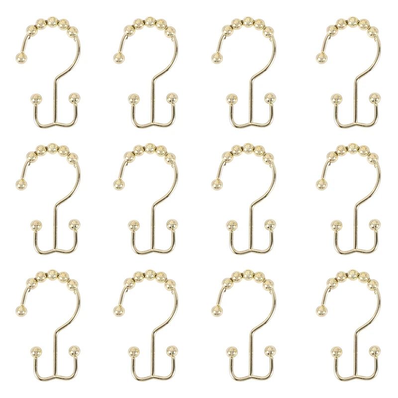 

Shower Curtain Rings Hook Set Of 12,Stainless Steel Rust Proof Double Glide Roller With Eight Bathroom Curtain Hook Gold
