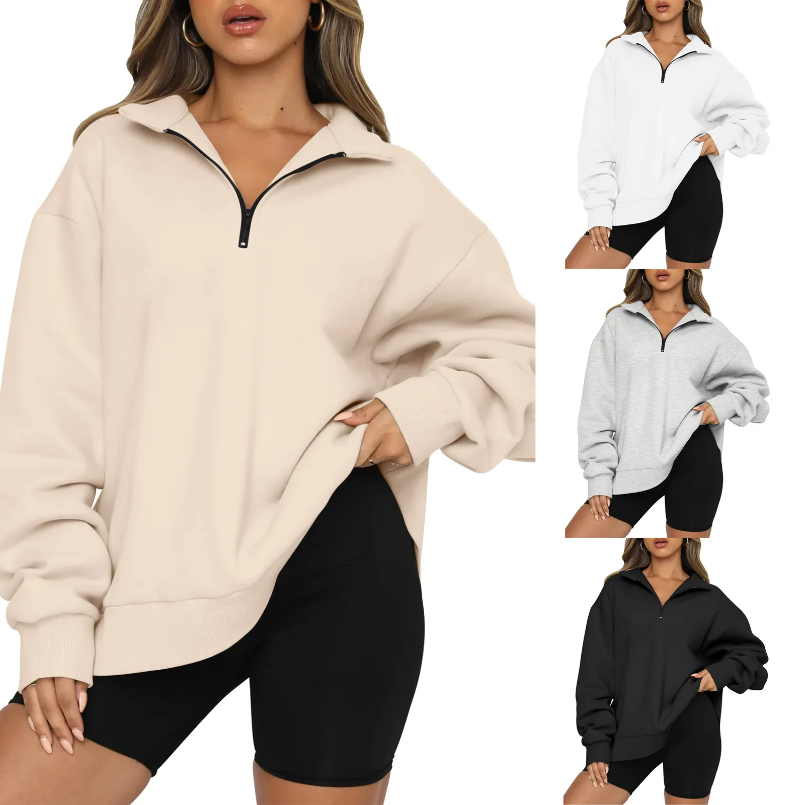 

Autumn and Winter 2022 Thickened Top Coat Casual Long Sleeve Pocket Zipper Collar Fleece Sweater Girl