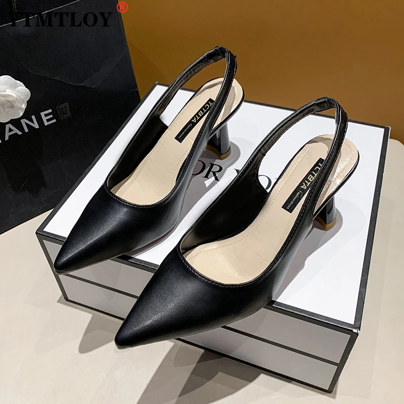 

Baotou Back Empty Sandals High Heels Women's Thick Heel 2022 Spring New Single Shoes Pointed Toe Black Work Shoes High Heels