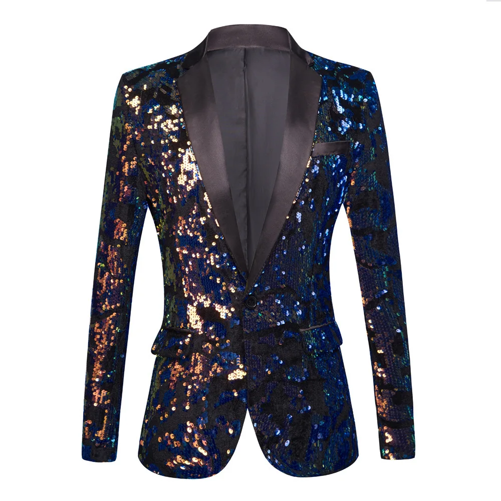 

Mens Shiny Blue Velvet Sequins Blazers Slim Fit Notched Lapel Suit Jacket Blazer Men Wedding Party DJ Club Stage Singer Costume
