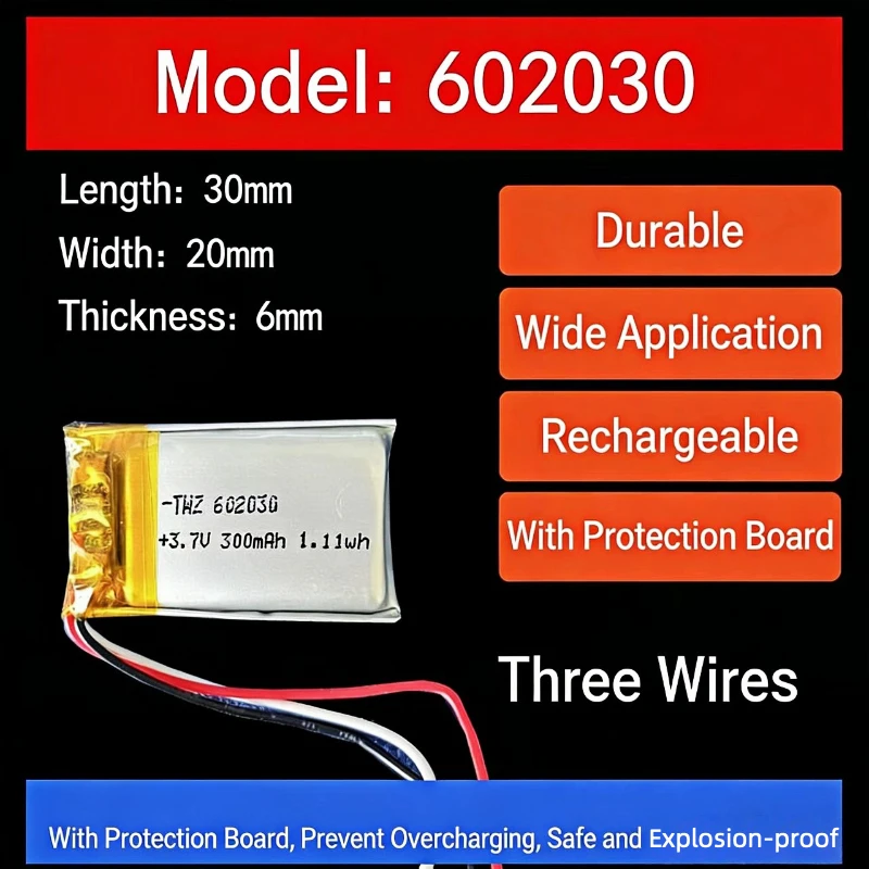 Фото Литиевая батарея 3.7V 600mAh 602030, литий-полимерные аккумуляторы 502030 052030 для беспроводных Bluetooth-гарнитур, игрушек, умных часов №1