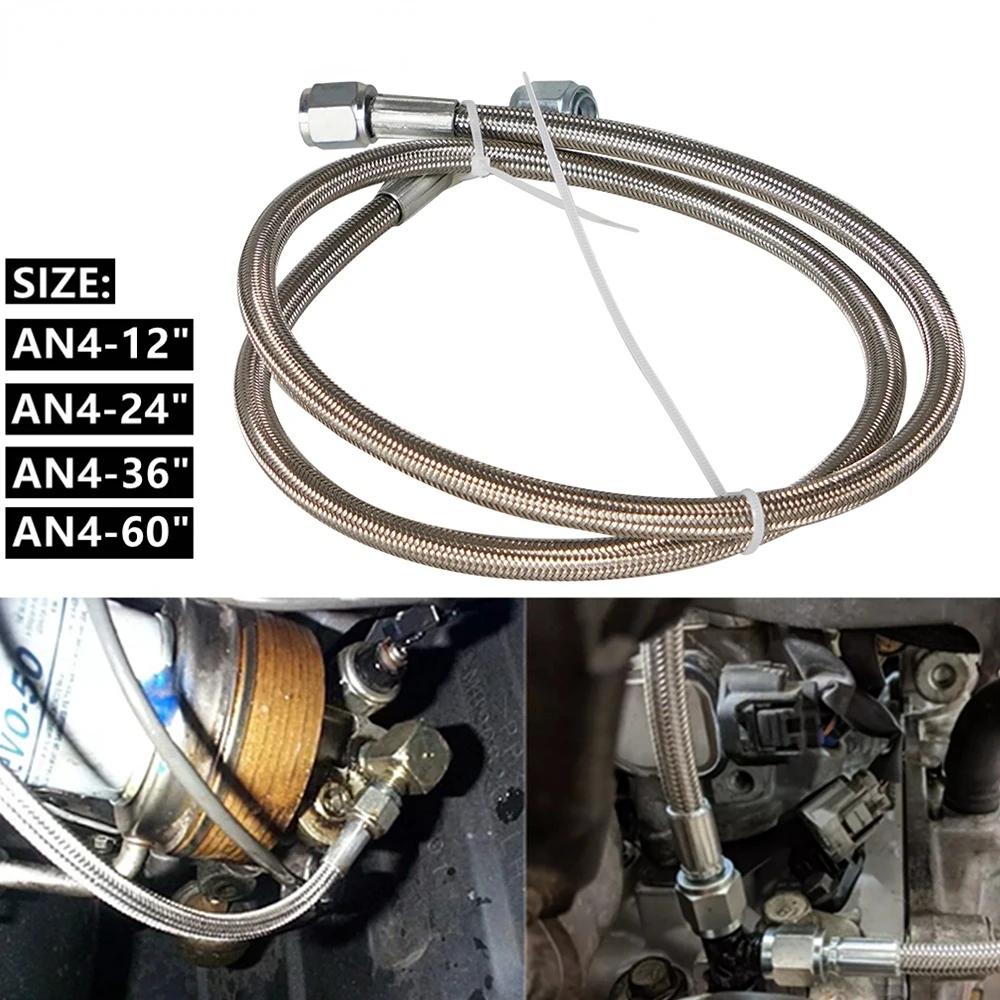 

Universal 12" 24" 36" 60" Stainless steel Braided Turbine Oil Feed Pipe Turbo Oil Feed Line Kit AN4 90 Degree x Straight PTFE