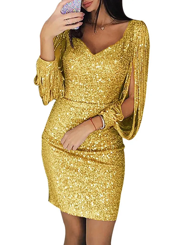 Autumn New Fashion Sequins Tassel Long Sleeved Slim Package Hip For Women's Dinner Sexy Dresses Temperament Woman Mini Dress2022