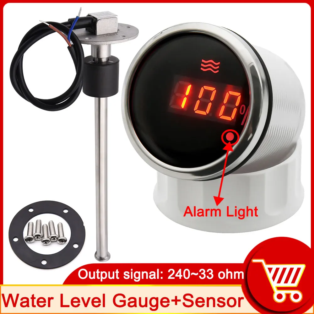HD 52mm Marine Water Level Gauge Alarm Light + Water Level Sensor Tank Sending Unit 240-33ohm Boat Fuel Level Sensor Indicator