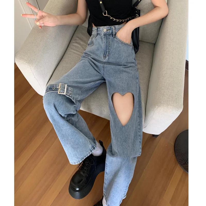 

Summer Bandage Love Hole Loose Wide Leg Jeans Ladies Solid High Waist Button Straight Pants Trend Fashion Casual Women Clothing