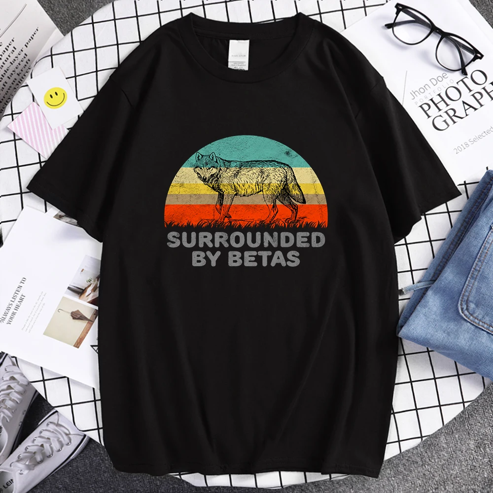 Funny Surrounded By Betas Alpha Wolf T Shirts Men Hip Hop Tee Clothes Cotton Couple Summer Tops Shirt Oversize Soft Loose Tshirt