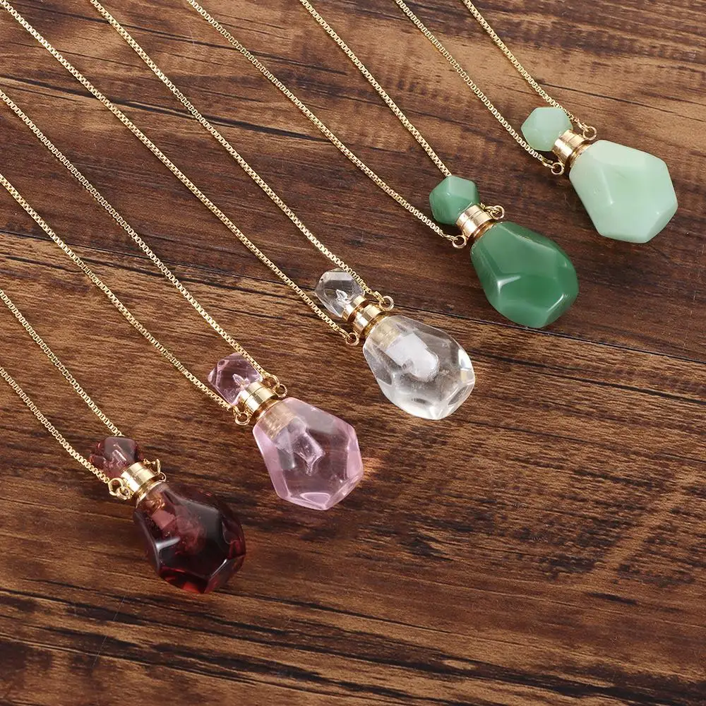 Women Natural Stone Pendant Necklace Wishing Bottle Crystal Perfume Essential Oil Diffuser Vial Jewelry  Rose Quartzs Amethysts