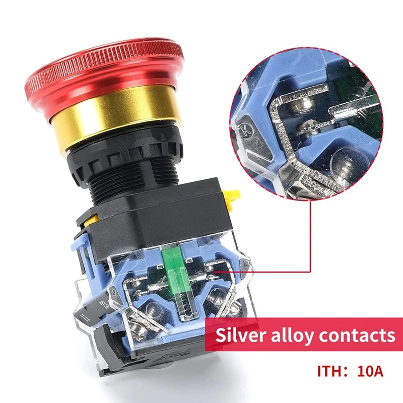 Emergency Stop Button 10A 22Mm Latching Push Switch Aluminum Alloy Round 1NO 1NC 440V