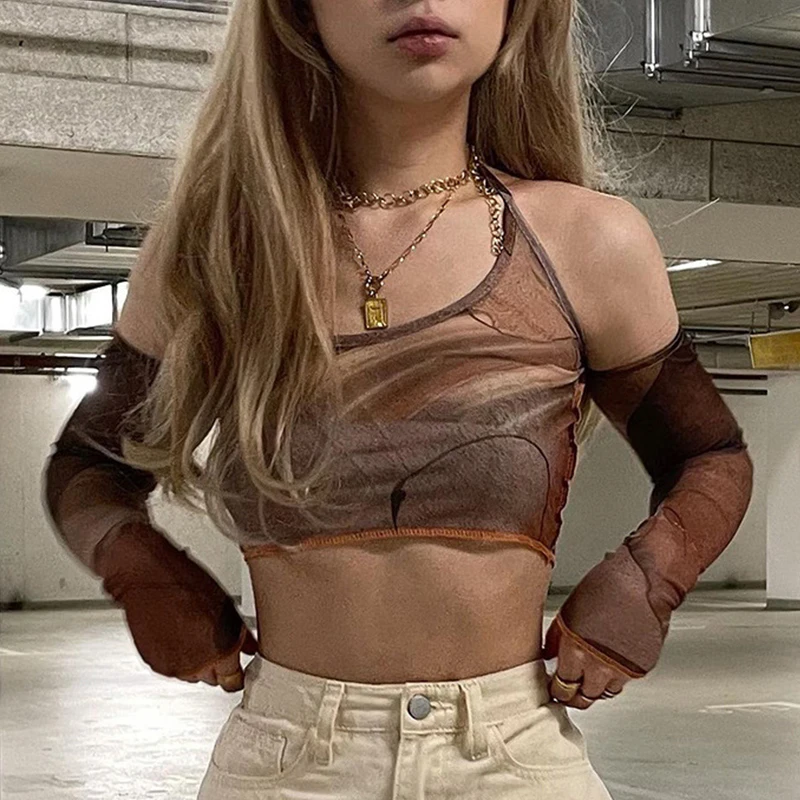 

Y2k Коричневый корсет с готическим принтом, топы, винтажный кроп-топ, Футболка Harajuku, гранж с перчатками, модная футболка, женская летняя футбо...