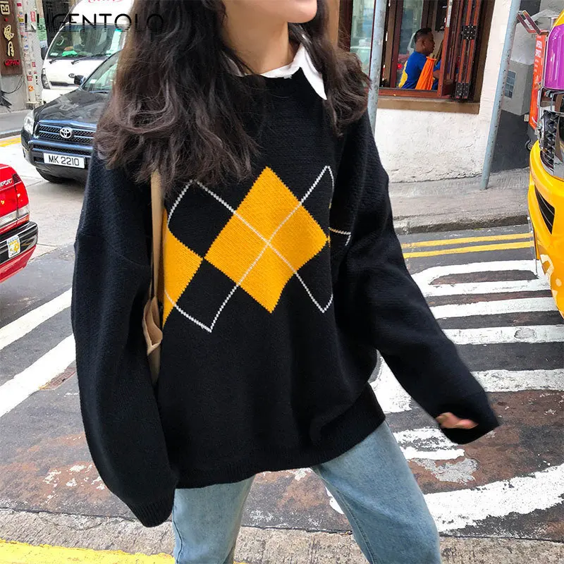 

New Knitted Sweater Women Autumn Winter Loose Casual Argyle Fashion Preppy Style Girl Pullover Sweaters Lugentolo