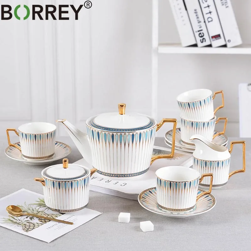 

BORREY Ceramic Tea Set Luxury British Teaset Teapot Nordic Style Tea Cups And Saucer Sugar Jar Milk Jug Porcelain Coffee Pot Mug