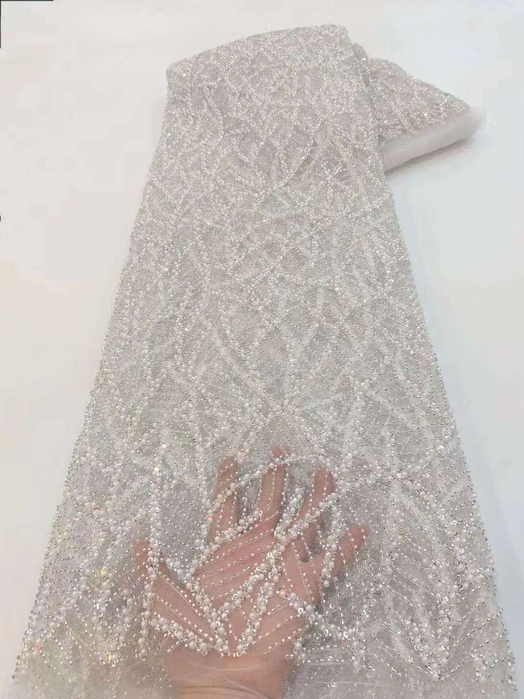 

Luxury African Heavy Bead Lace Fabric 2023 High Quality 5 Yards Nigerian Sequins French Tulle Fabric Material For Wedding Party