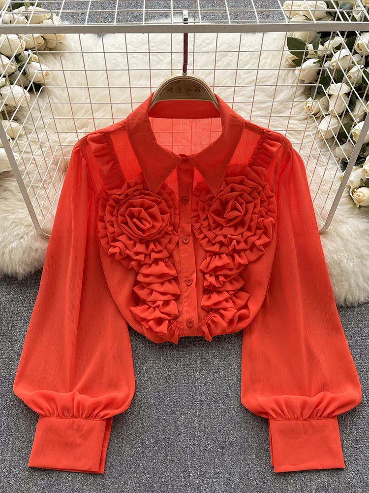 

Women Autumn Shirt French Fashion Versatile Loose Unique Top with Premium Three-dimensional Flower Slim Chiffon Shirt D5663