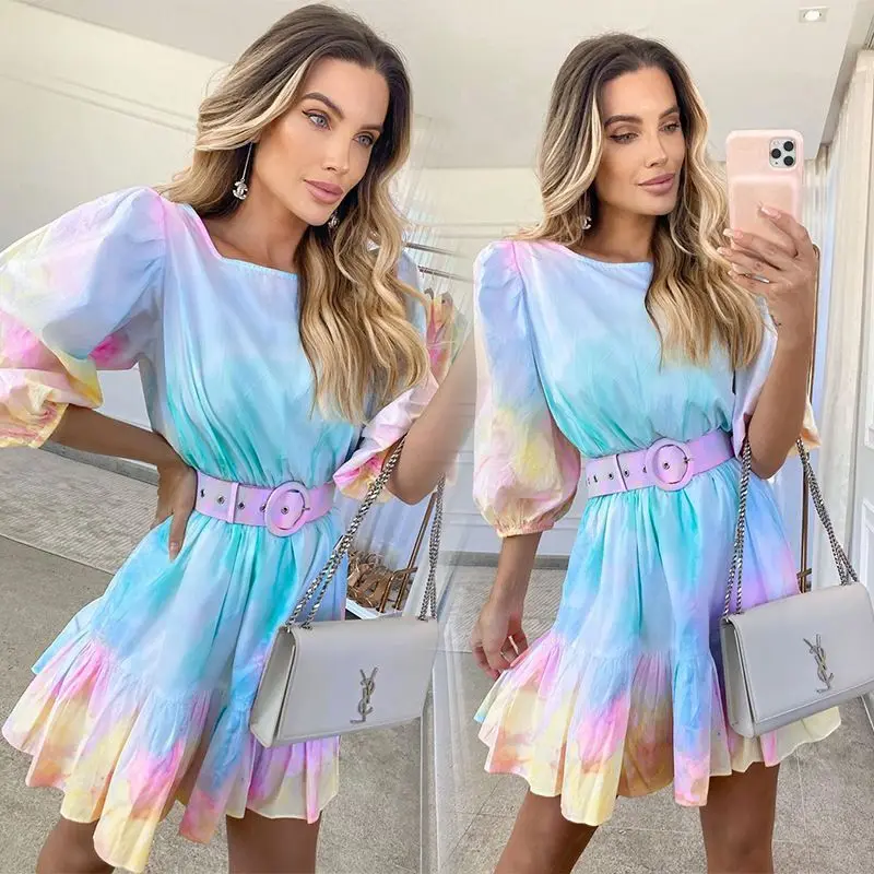 

Scarleton 2023 summer new fashion tie-dye holiday wind leaf edge closed waist slimming women's dress with belt