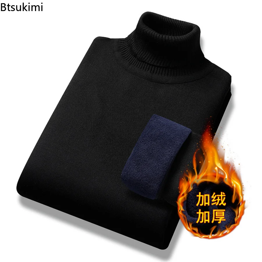 

New Basic Autumn Winter Sweater for Men Casual Pullover Warm Turtleneck Sweater Velvet Thick Solid Slim Bottoming Shirt Homme