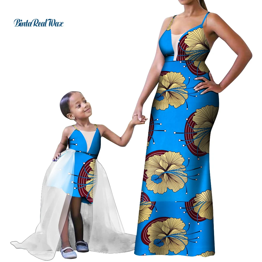 African Print Family Clothing Women Mom Dress and Duaghter Girl Dress Party Wedding Clothes Strap Dress WYQ844