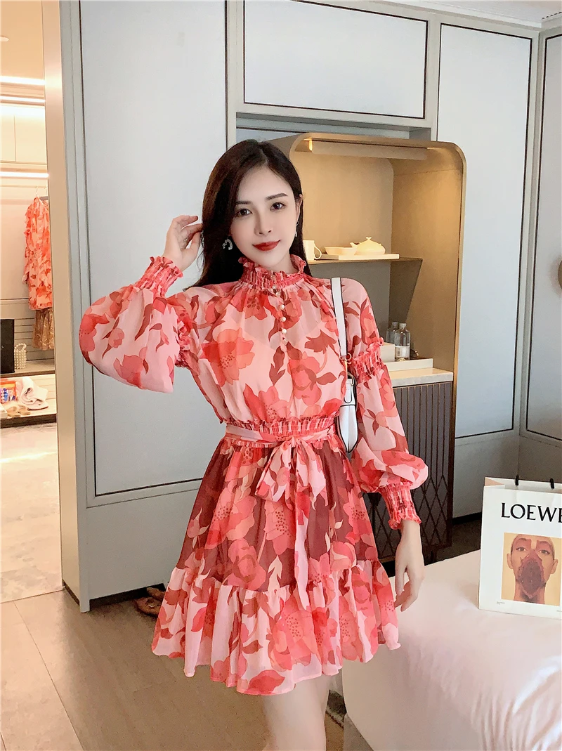

BULOCHOVA High Quality Designer Casual Mini Dress Women Stand Neck Elastic Waist Chiffon Print Long Sleeve Vestidos Female