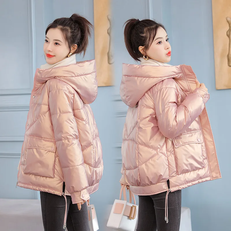 Parkas Women Glossy Cotton-Padded Jacket Women's Short down Cotton-Padded Jacket Loose Hoodie Padded Coat Winter Coat Women