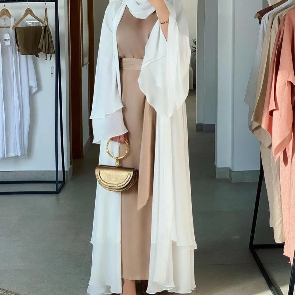 Open Abaya Femme Women's Long Muslim Dress Moroccan Caftan Belt Large Size Modest Chiffon Dubai Arabic Islam Jilbab Jalabiya