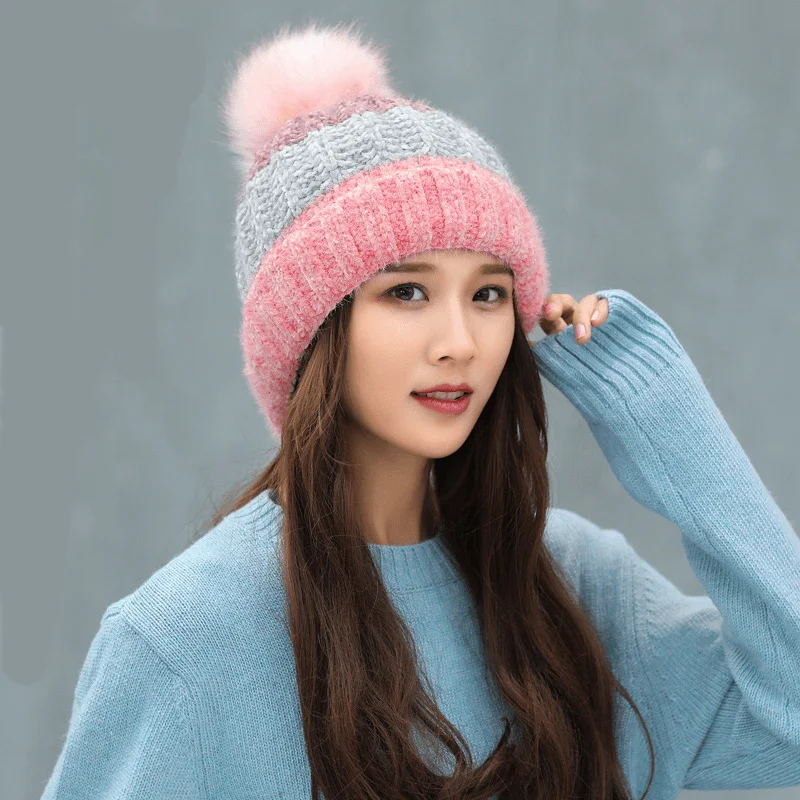 

Winter Thickening Warm Wool Hat Women Hair Ball Skullies Beanies Hat Lady Ear Protection Bonnet Beanie Caps Men knitted Hats