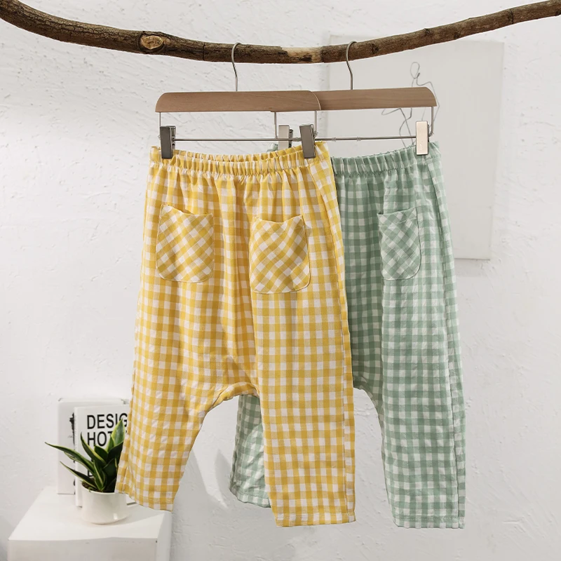 

Fashion New Viscose Plaid Kids Pants Spring Autumn Boys And Girls Casual Loose Straight Pant With Front Two Pockets
