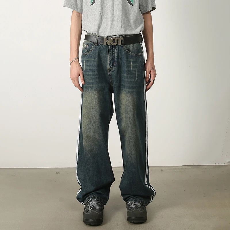 HOUZHOU Distressed Jeans Men Wide Leg Denim Trousers Male Loose Casual Pants Side Stripe Streetwear Hip Hop Men Clothing