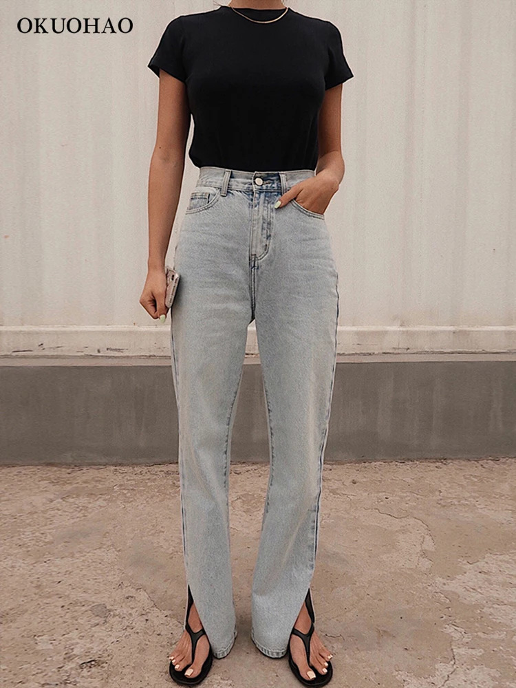 Джинсы-бойфренды Okuohao прямые широкие штаны свободные с высокой талией 2020 |