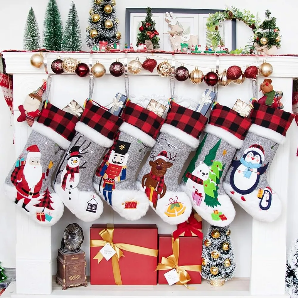 

Set of 6 Christmas Stockings Gray Burlap Buffalo Red Plaid Soft Faux Fur 20 Inches Lovely Embroidery Pattern christmas stockings