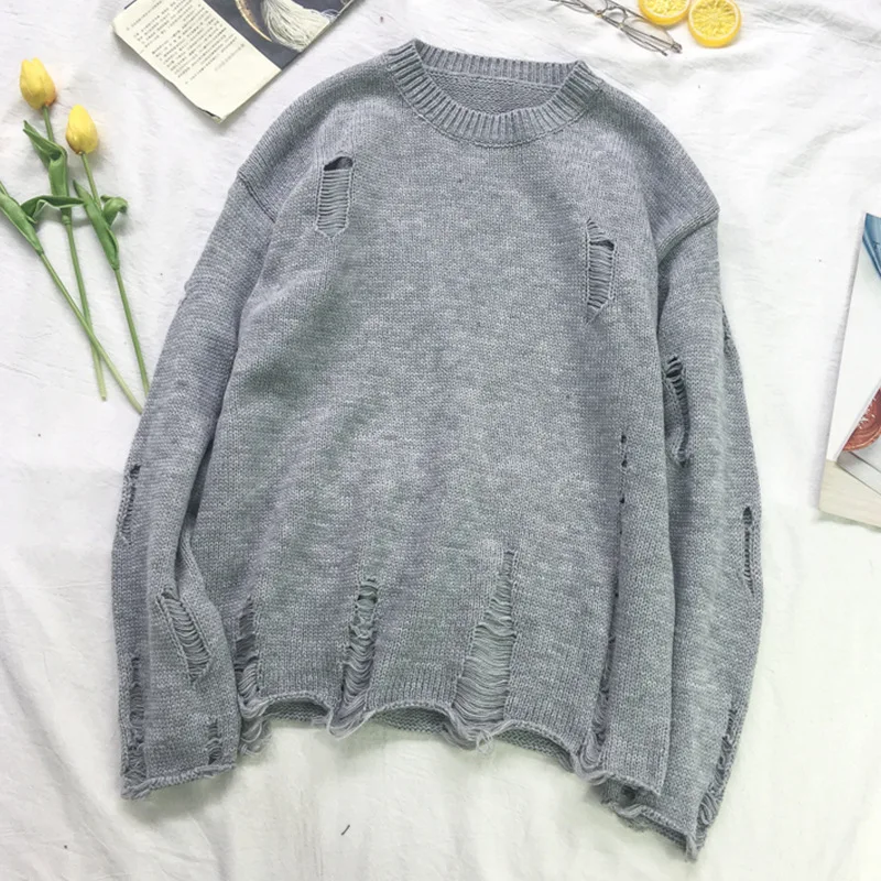 Korea Ulzzang Harajuku Style Couple Wear Stripe Hollow Hole Sweater Men's Women's Fashion Retro Casual Loose Pullover Plus Size