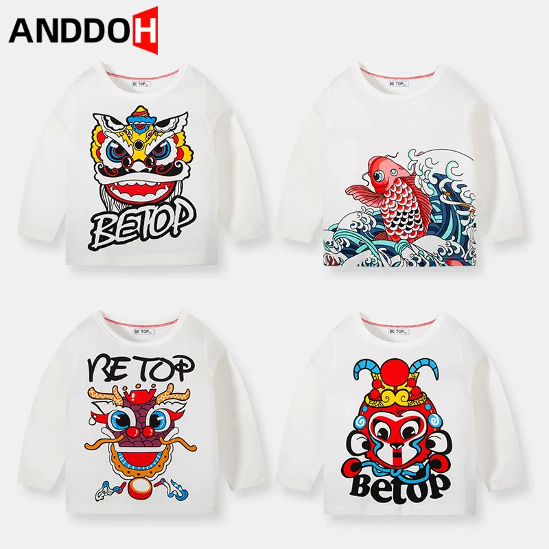 

2T-7T Children Graphic Tees Clothes Chinese Style Animal SprinAnime Clothing Baby Boy Long-sleeved T-shirt Kids Clothes
