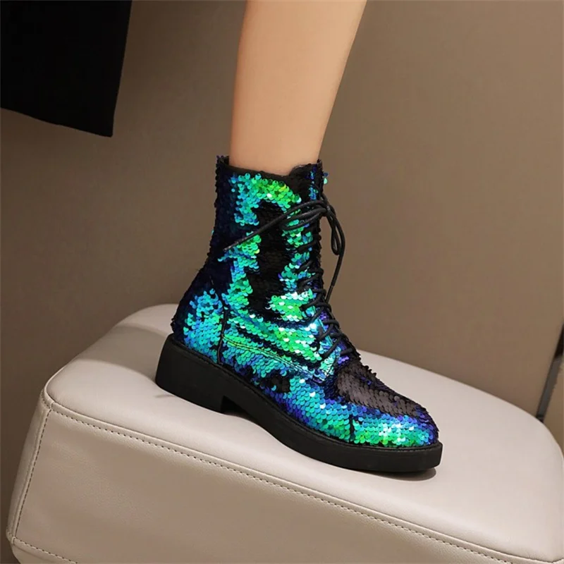 

43 Big Size Ankle Boots Women Autumn High Top Shoes Bling Bling Sequined Martin Boots Shoes for Women