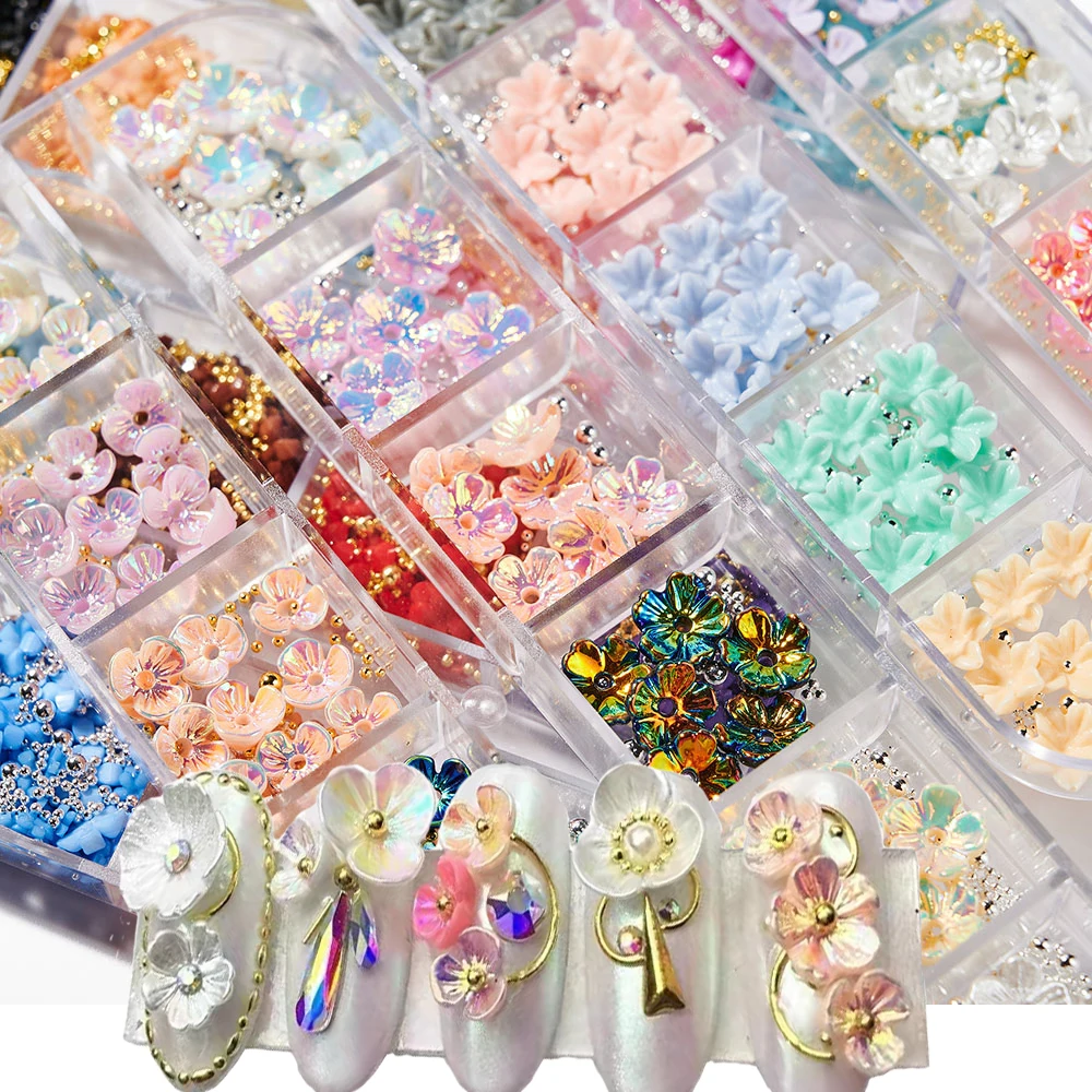 

12 сеток цветок бабочка для ногтей амулеты акриловые смешанные размеры крошечные весенние цветы полярные бабочки/белый цветок для ногтей Ша...