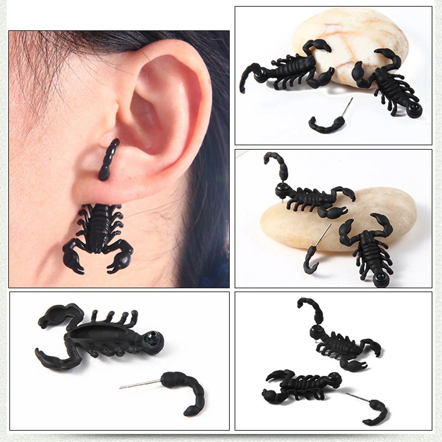 Besegad 1PCS 3D Creepy Black Scorpion Ear Stud Earrings Gothic Punk Jewelry for Halloween Cosplay Masquerade Party Decoration