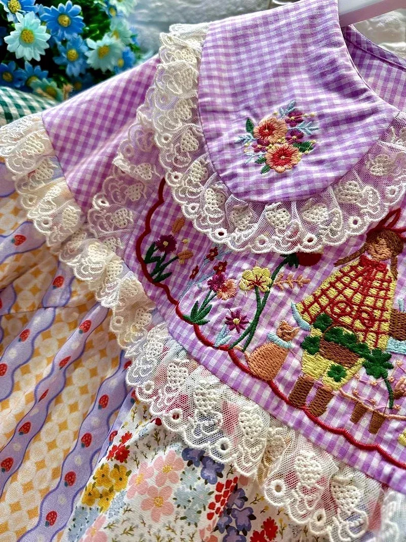 Фото Винтажная Милая хлопковая Лоскутная Блузка с оборками и кружевом, женская блузка с цветочной вышивкой, ретро шикарные топы рококо, рубашка №5