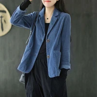corduroy suit collar solid color short jacket womens blazers spring autumn long sleeve pocket retro casual jacket office coats