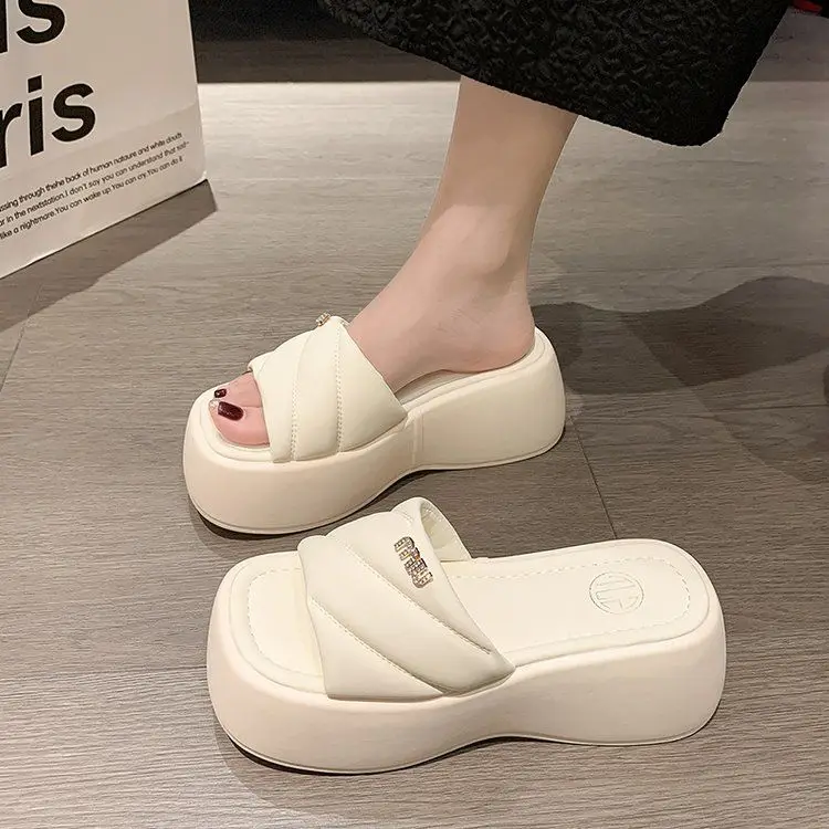 

7CM Platform Slippers Women Wedge Shoes Hidden Heels Summer Shoes Breathable Slides Beach Leather Flip Flops Shoe Chunky Sandals