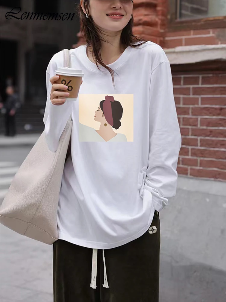 Lenmemsen весенние хлопковые футболки с длинным рукавом для женщин повседневные