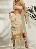 tossy 2 piece beach cover ups solid push up bandeau with beach skirt 2022 casual tassel knitted bikini cover ups beachwear new