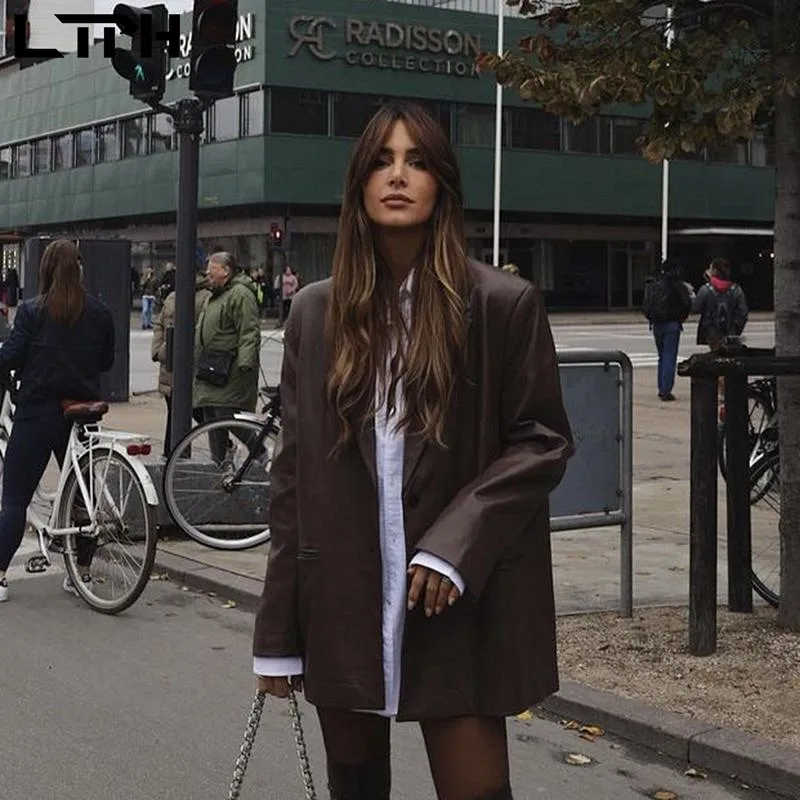 LTPH vintage coat PU faux leather blazer women jacket high quality elegant single-breasted casual outwear 2023 autumn new