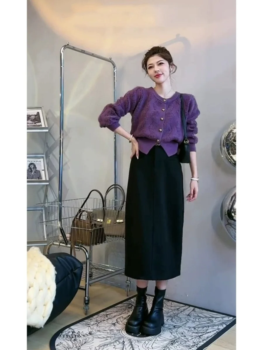 Autumn and Winter Graceful This Year's Popular Beautiful Purple Sweater Half-Length Skirt set Women Deep Winter clothes Match...