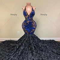 black girls rose florals prom dresses 2022 sexy v neck mermaid royal blue flowers evening gowns south african long formal wear