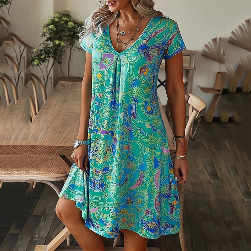 

Summer Causal V-Neck Ruched Draped Bodycon Slim Dress For Women Vintage Ruffles Short Sleeve Knee Length A-Line Skirt Dresses
