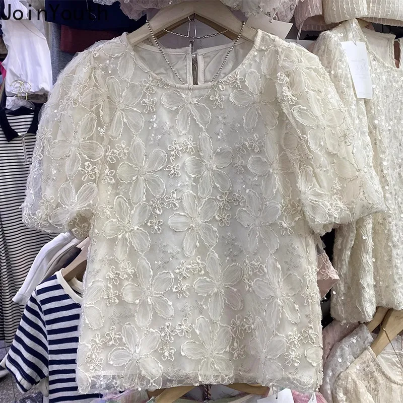 Женская блузка с вышивкой и круглым вырезом свободного покроя