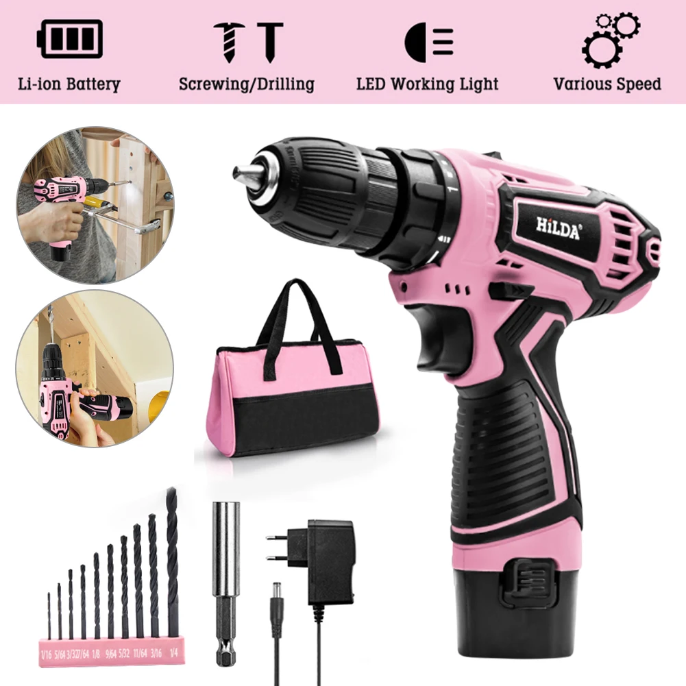 

14Piece Pink Cordless 12V Lithium-ion Drill Driver Set House Repairing Tool With 12Inch Storage Bag Home Maintenance Tool Kit