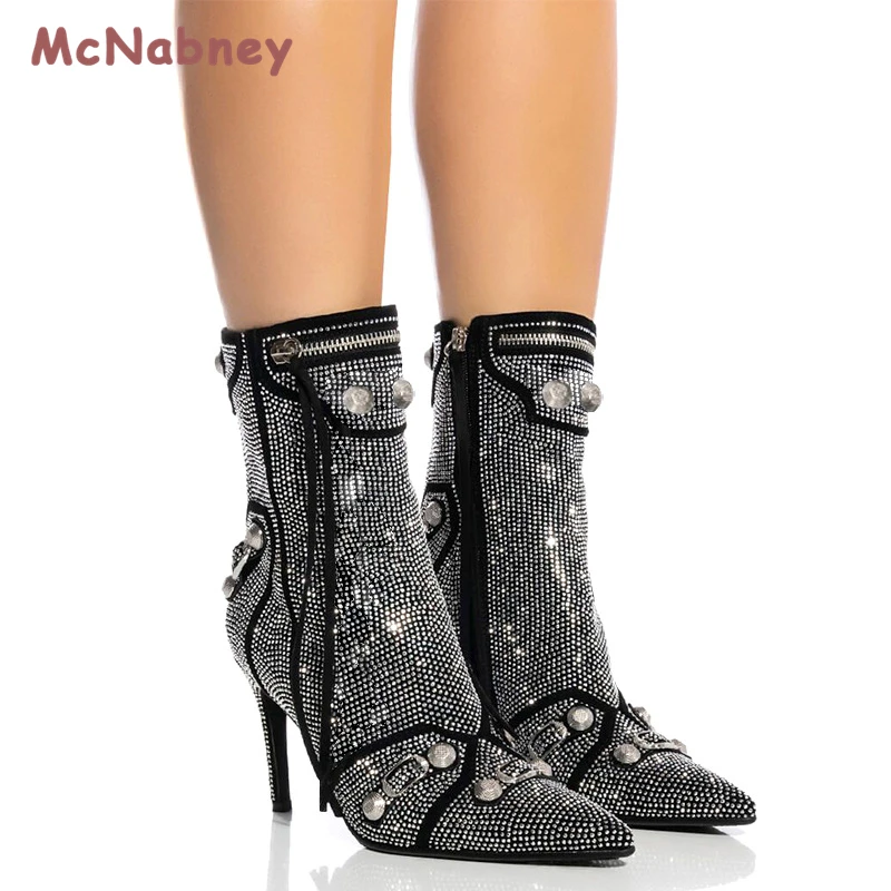 

New Winter Women's Boots Zipper Fashion Comfort Pointed Rivet Fringe Women's Shoes Sexy Rhinestones Stiletto Boots Women Boots