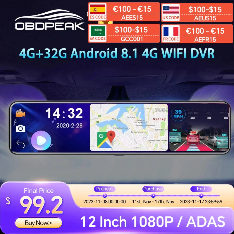 Видеорегистратор OBEPEAK D91 12 дюймов 4G Android 8 1 Full HD 1080P